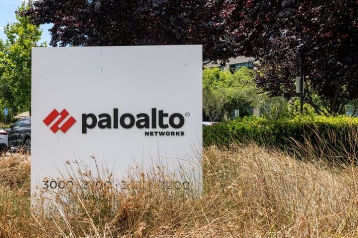 The Palo Alto Networks logo on a sign outside the company's headquarters.