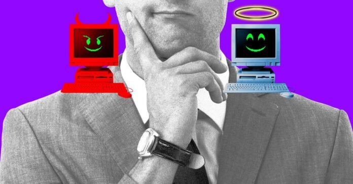 Collage of a person in a suit choosing between a devil computer and an angel computer.