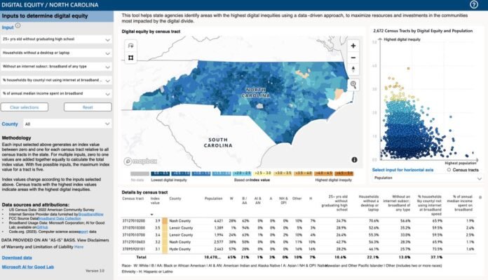 screenshot of Microsoft tool showing broadband availability in North Carolina