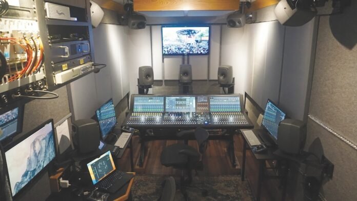 The new fully loaded M3 Phoenix immersive remote audio recording truck, with custom Lawo console and unique 5.1.4+4.0 Genelec monitor system. PHOTO: Courtesy of Joel Singer/Music Mix Mobile.