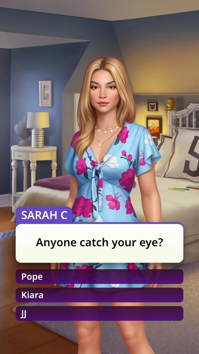 An in-game screenshot from the mobile game 'Netflix Stories: Outer Banks', featuring a game character named Sarah with the following text written below: 