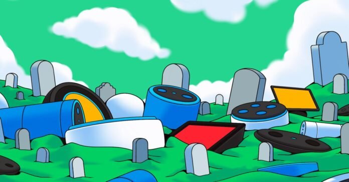 A grassy graveyard full of discarded Amazon speakers.