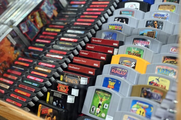 A row of Video games including the N64 and the Sega Genesis