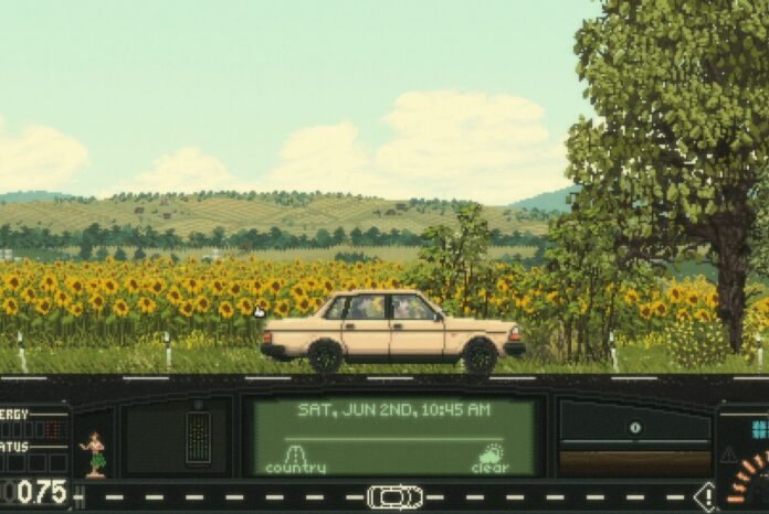 Pixel art of a car resembling a 1980s Volvo driving through a rural landscape, seen from the side, in Keep Driving